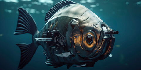 amazing photography of a cyborg fish in the ocean, sea, futuristic, robot implants