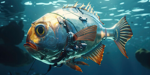Obraz na płótnie Canvas amazing photography of a cyborg fish in the ocean, sea, futuristic, robot implants