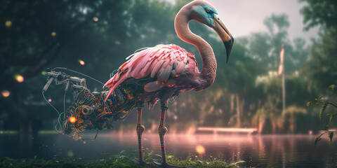 photography of a cyborg Flamingo in nature, nature background, futuristic, cyberpunk implants