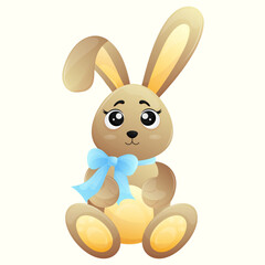 Easter cute cartoon plush brown bunny with a blue bow around his neck, cute eyes and a folded ear. Funny animals and easter character for postcard