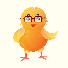 Yellow cute cartoon unusual smart chicken with square glasses. Easter little chick boy with glasses and cute eyes. Cute cartoon animal for children or postcard