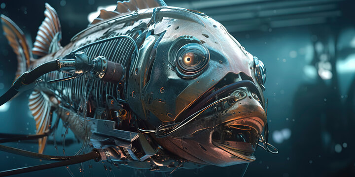 amazing photography of a cyborg fish in the ocean, sea, futuristic, robot implants