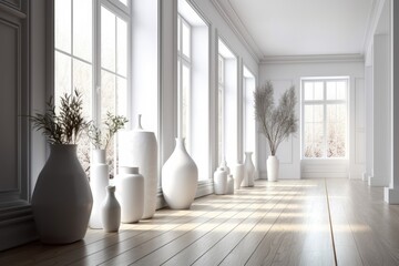 Fototapeta na wymiar minimalist display of white vases on a hardwood floor. Generative AI