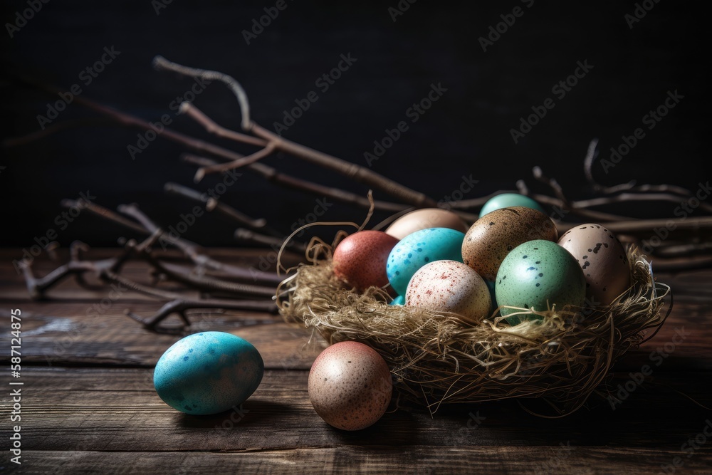 Poster bird nest with eggs resting on a wooden table. generative ai