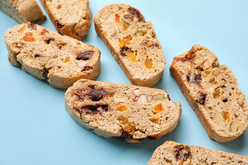 Delicious biscotti cookies on blue background