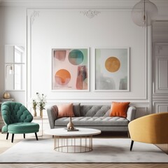 A beautiful sitting or living room in a city apartment with a large picture mock up that can be used as is or replaced with a different artwork. Generative AI. 