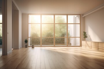 Interior Design of an Empty Room with White Door, Window Opposite, Beige Walls, Large Full Wall Window, and Light Parquet Floor. with a Windows Work Path. 7680x4320 in 8K Ultra HD. Generative AI