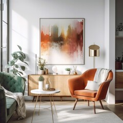 A beautiful sitting or living room in a city apartment with a large picture mock up that can be used as is or replaced with a different artwork. Generative AI. 