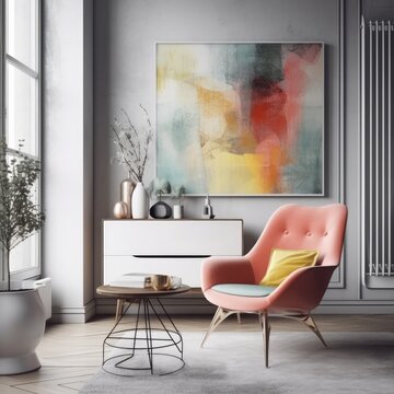 A beautiful sitting or living room in a city apartment with a large picture mock up that can be used as is or replaced with a different artwork. Generative AI. 
