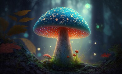 Fototapeta na wymiar Magic mushroom in the forest glowing in the night, generative ai.