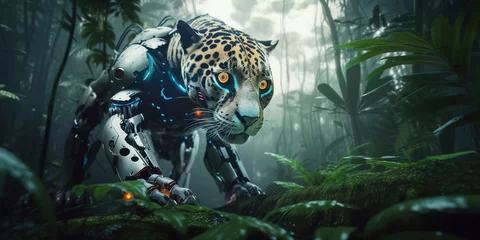 Foto op Plexiglas amazing photography of a cyborg jaguar in the jungle, jungle, futuristic, robot implants © Fernando