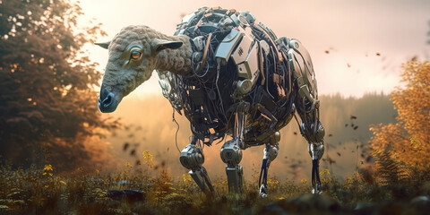Fototapeta na wymiar amazing photography of a cyborg sheep in the nature, futuristic, robot implants