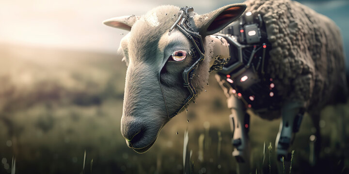 amazing photography of a cyborg sheep in the nature, futuristic, robot implants