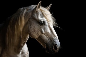 Obraz na płótnie Canvas Moving photograph of a white horse on a black background. Generative AI