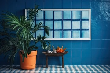 potted plant placed against a vibrant blue tiled wall. Generative AI