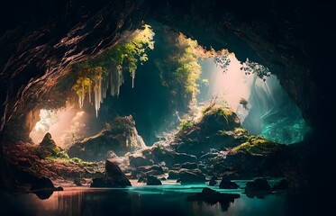 Fototapeta na wymiar colorful crystal cave inside the mountain with waterfall, ai generative