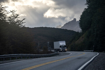 A single truck comes along route 3 on the way from Ushuaia in Tierra del Fuego.
