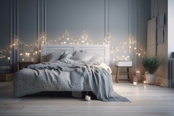 cozy bedroom with a white bed and warm lighting. Generative AI