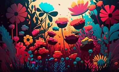 Colorful flowers and grass painted background. generative ai