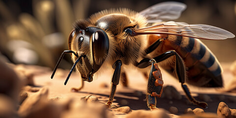 Naklejka premium amazing close up of a bee flying over honey