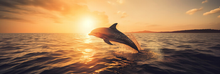 Dolphin jumping out of the sea, photo at the perfect moment, sunset, orange reflection in the water.
