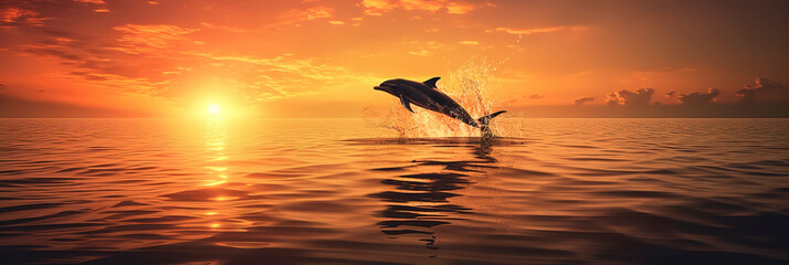Naklejka na ściany i meble Dolphin jumping out of the sea, photo at the perfect moment, sunset, orange reflection in the water.