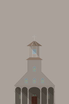 Ilustraci&oacute;n iglesia de Achao, Isla de Chilo&eacute;, Chile.