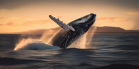 Ocean Humpback Whale Breaching Sunrise.