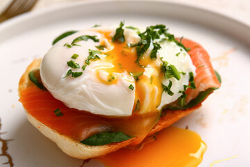 Plate with tasty egg Benedict, closeup