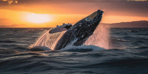 Fototapeta premium Ocean Humpback Whale Breaching Sunrise.