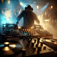 dj in action in big nibht party with lights