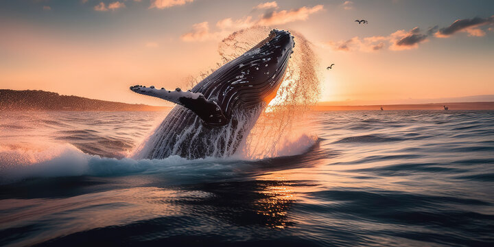 Ocean Humpback Whale Breaching Sunrise.