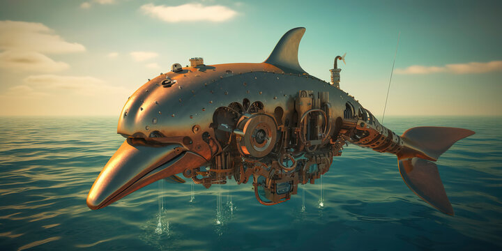 photography of a Steampunk dolphin in the ocean, sea, futuristic, cyberpunk implants. © Fernando