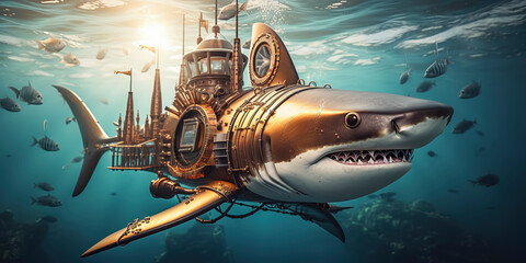 photography of a Steampunk white shark in the ocean, sea, futuristic, cyberpunk implants.