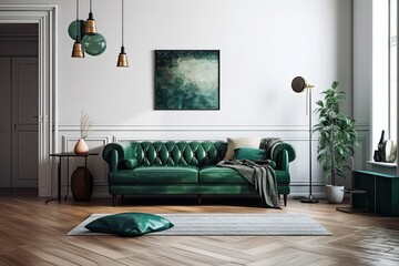 Living room interior with a green leather couch, wooden floors, and a white wall. Generative AI