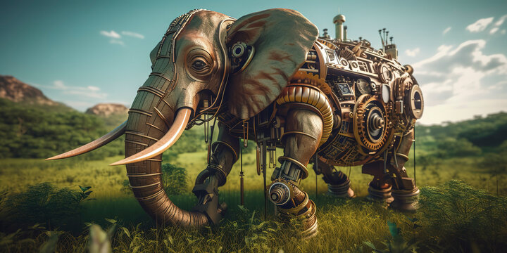 Steampunk clockwork Elephant in nature, nature background, futuristic, cyberpunk implants