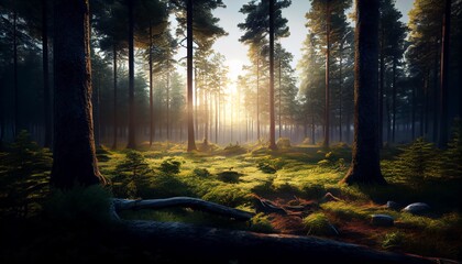 Beautiful deep forest scene. Light beam in woodland. Forest wood background