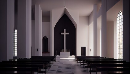 Church interior showing altar, apse, stained glass windows and large Christian cross.