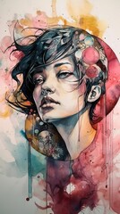 Creative artist, female musician, AI generative watercolor illustration