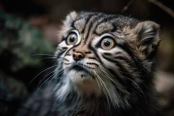 Obraz na płótnie Canvas One adorable Manul kitten (also known as the Pallas's cat or Otocolobus manul) is seen in an up close, low angle photograph. Generative AI