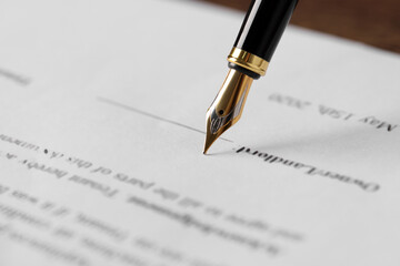 Fototapeta premium Writing on document with fountain pen at wooden table, closeup. Notary contract