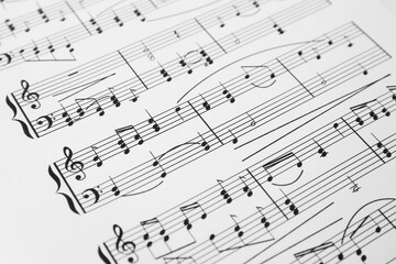 Sheet of paper with music notes as background, closeup view