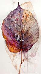 Autumn leaf in watercolor style, text Hello Fall, golden yellow and brown, AI generative
