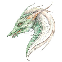 Green dragon with golden spikes on head, AI generative pencil style illustration on white background