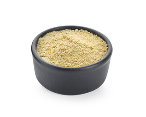 Aromatic mustard powder in bowl on white background