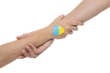Man and woman with painted heart in colors of Ukrainian flag on her hand against white background, closeup