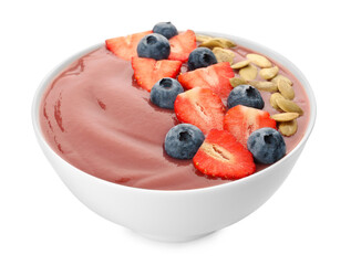 Bowl of delicious smoothie with fresh blueberries, strawberries and pumpkin seeds on white background