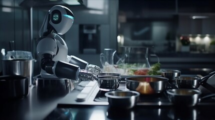 Fototapeta na wymiar a robot chef preparing a meal - Generative art
