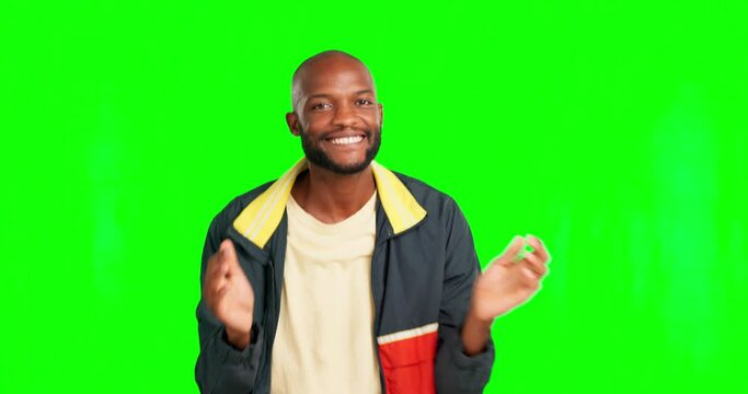 Black man, dancing on green screen and music, happy dancer with freedom and energy isolated on studio background. Mockup space, dance and fun with rhythm, carefree male with happiness and smile