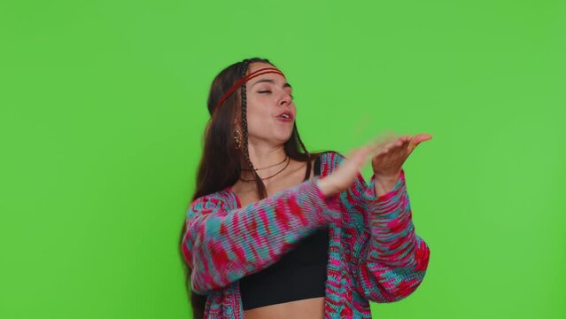 Rich woman showing wasting, throwing money around, more tips, big profit, winning lottery jackpot, successful shopping payment purchase, cashback. Girl isolated on chroma key background, green screen